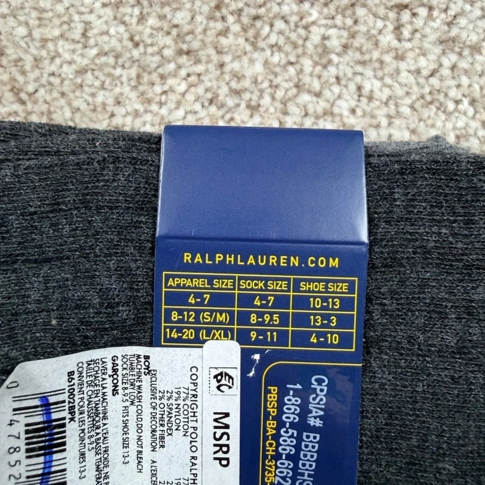 Polo Ralph Lauren Boys 3 Pack Ribbed Crew Socks Navy Gray Charcoal Size 8-9.5